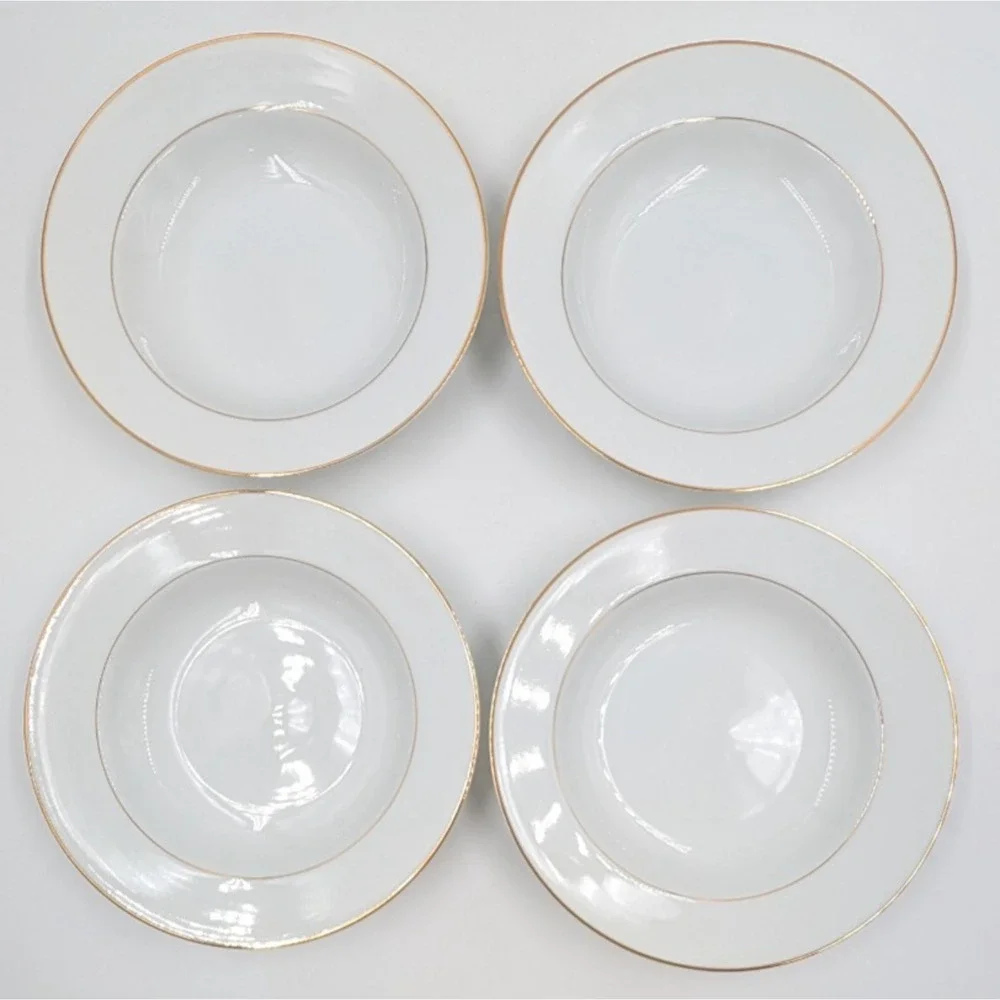 Four Crown Mayfair 381 Rim Soup Bowls Set of 4 Gold Trim Japan 8 1/2